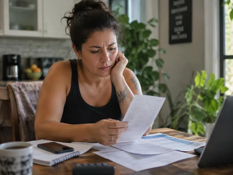Mulher analisando uma conta com expressão preocupada
